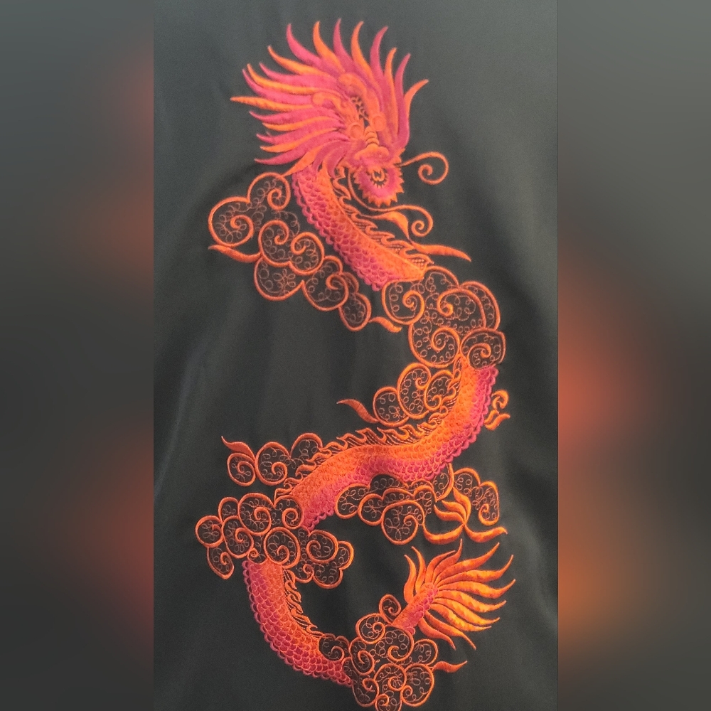 Black Long Mandrin Coat with Red Dragon Embroidery - Picture 4 of 6